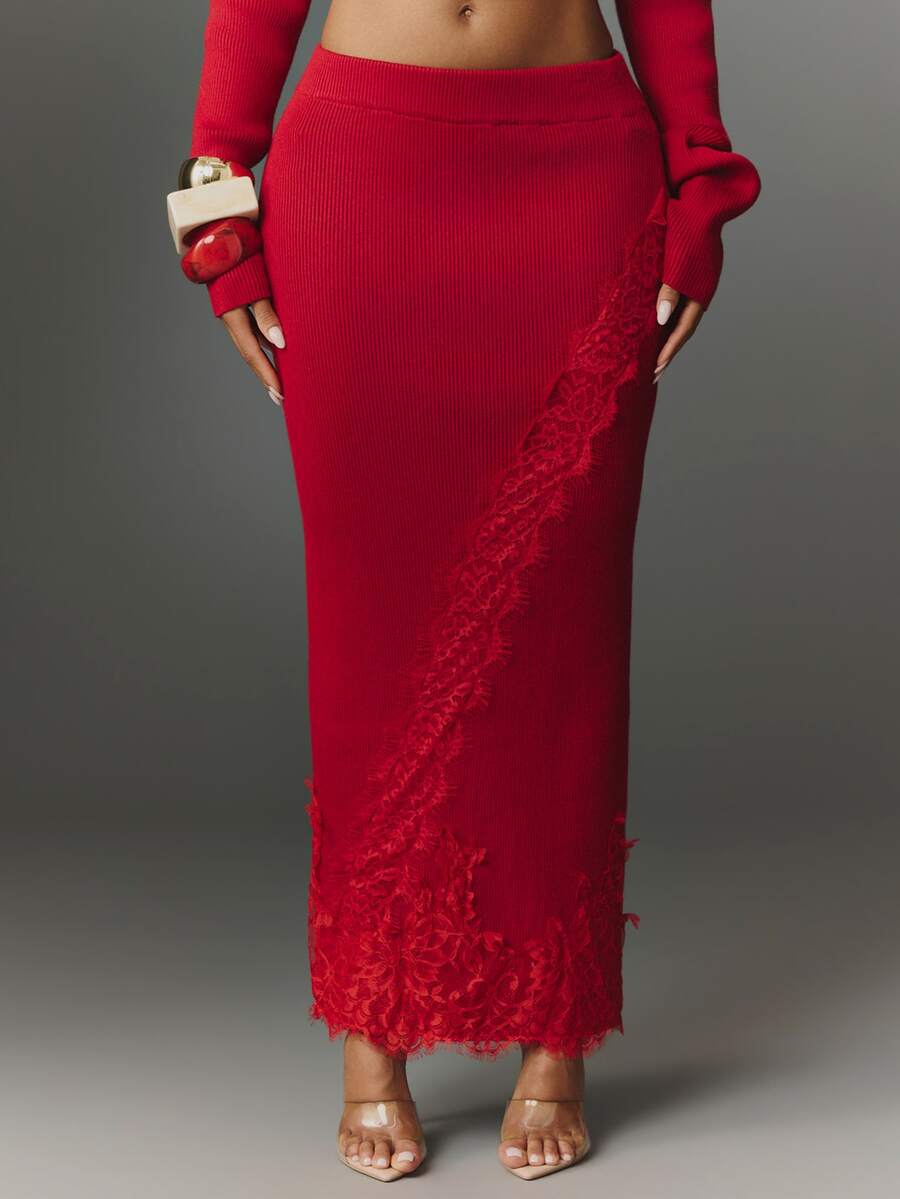 NYA SZN Knit Skirt Off Shoulder Lace Trim Fringe Fitted Sexy Everyday Going Out Special Occasion Elegant Holiday Festival Church Work Chic Red Fall Winter - Burgundy - View 1