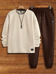 Manfinity RebelGame 2pcs Men's Knit Slim Fit Crew Neck Long Sleeve T-Shirt And Elastic Waist Pants Set, Autumn/Winter Halloween Christmas Winter Party Autumn - Multicolor - View 1