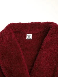 SHEIN 青少年女孩簡約刺繡毛絨保暖內裡加厚休閒家居服 - 酒紅色 - 查看 4