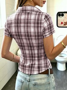 IslaSuriya 女款格紋短袖單排扣休閒通勤襯衫 - 彩色 - 查看 2