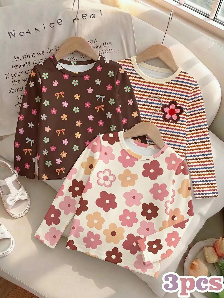 3件組女孩花卉與條紋印花長袖圓領上衣,休閒風格,適合秋冬 - 彩色 - 查看 1