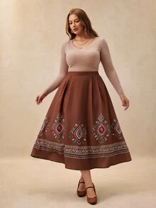 Écloséra Curve 大尺碼女款復古極簡印花鬆緊腰A字裙，適合波希米亞風、旅行度假、日常通勤、休閒購物 - 棕色 - 查看 6
