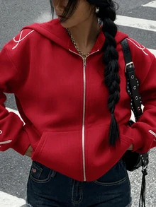 Muchica 女款字母刺繡拉鍊休閒連帽衛衣，附口袋 - 紅色 - 查看 3