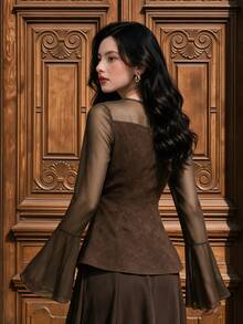 Graceveil Women's Conservative Elegant Vintage Brown Round Neck Chiffon Long Sleeve Ruffle Cuff Back Zipper Daily Versatile Essential Top - Brown - View 2