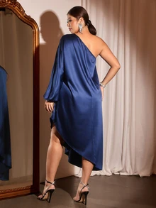 Cravure Plus Size Navy Blue Satin Asymmetrical Shoulder Draped Evening Party Dress - Blue - View 7