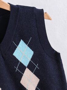 SHEIN Tween Girl) Cute Navy Blue Argyle Pattern Pullover Vest, Preppy Style, Autumn/Winter Outerwear, Fashion Vacation Essential - Navy Blue - View 5