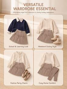 Girls Cute Bow Knitted Pleated Skirt, Versatile Sweet Daily Wear - Apricot - View 3