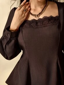 Nubod Blus Lengan Panjang Gaya Prancis Elegan Berkerah Persegi Warna Cokelat Ukuran Besar dengan Hiasan Renda dan Patchwork, Cocok untuk Komuter Kelas Atas. - Coffee Brown - View 3