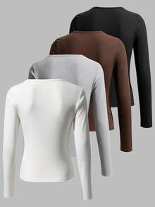 SHEIN LUNE Autumn New Women's T-Shirt, Long Sleeve Crew Neck Base Layer T-Shirt, Office, Commute, Daily Versatile Style - Multicolor - View 2