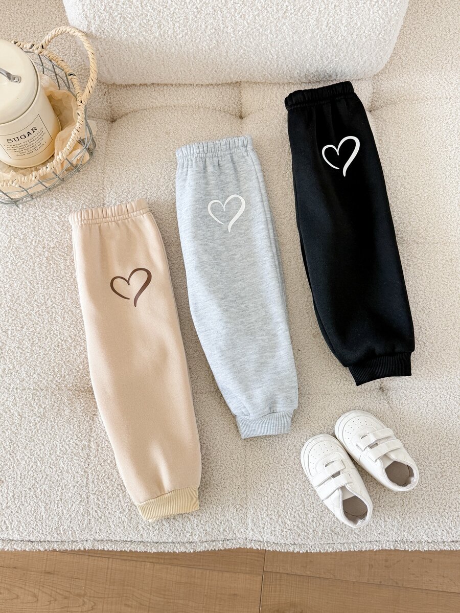 SHEIN 女嬰秋冬可愛 3 件組愛心圖案長褲 - 淺灰色 - 查看 1
