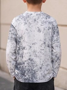 SHEIN 兒童青少年男孩字母印花水洗做舊長袖休閒大學風舒適時尚極簡百搭柔軟舒適適合日常穿著校園出遊運動假期派對 - 藍色 - 查看 3