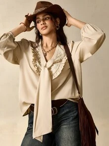 Nubod Plus Size Elegant Lace Patchwork V-Neck Draped Long Sleeve Blouse - Khaki - View 1