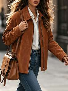 Balvessa Women's Solid Color Zipper Casual Versatile Daily Travel Long Sleeve Jacket - Brown - View 5