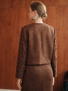 Anewsta Women's Autumn/Winter New Suede-Like Fabric Design Jacquard Burnout Round Neck All-Over Beaded Long Sleeve Jacket - Coffee Brown - View 7