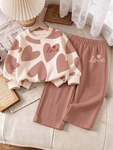 2pcs Baby Girls Casual Fashion Sweet Cute Heart Pattern LOVE Print Crew Neck Long Sleeve Fleece Sweatshirt Pullover And Matching Wide Leg Sweatpants Set, Suitable For Autumn/Winter Wear - Multicolor - View 1