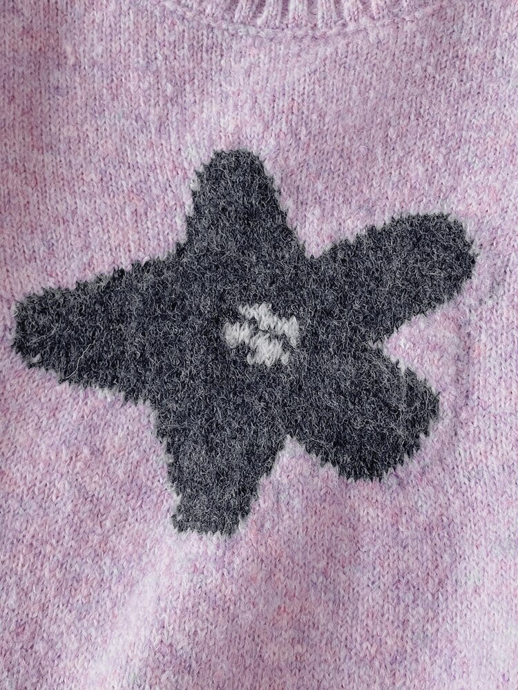 Tween Girl Star Pattern Crew Neck Long Sleeve Casual Versatile Sweater - Purple - View 4