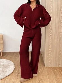 SHEIN EZwear Women's Casual Comfortable Burgundy Half-Open Cardigan Sweater & Solid Color Pants Two Pieces Set, Autumn/Winter - Burgundy - View 6