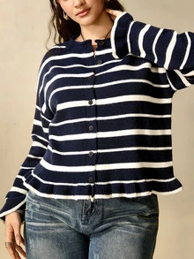 Nubod Plus Size Knitted Crew Neck Colorblock Button Rolled Hem Long Sleeve Sweater Casual Comfortable - Multicolor - View 4