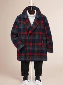 SHEIN 兒童青少年男孩休閒寬鬆連帽抓絨領格紋羊毛外套，適合通勤、上學、日常休閒外出與運動，秋冬款 - 紅色 - 查看 1