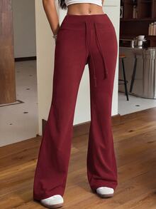 SHEIN EZwear Drawstring Waist Flare Leg Sweatpants - Burgundy - View 5