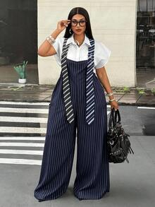 Maweii Plus Size Women's Striped Adjustable Eyelet Buckle Design Wide Leg Overalls - Navy Blue - View 1