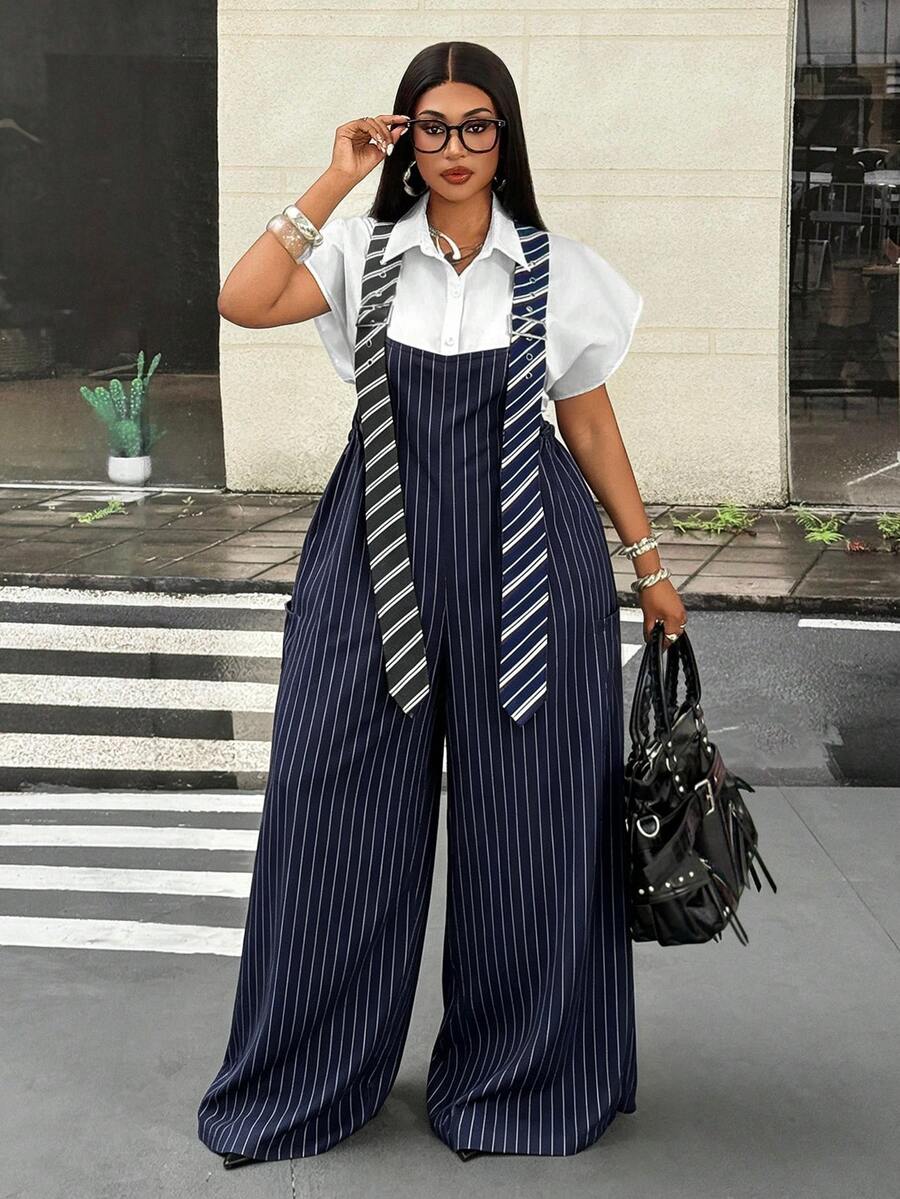 Maweii Plus Size Women's Striped Adjustable Eyelet Buckle Design Wide Leg Overalls - Navy Blue - View 1