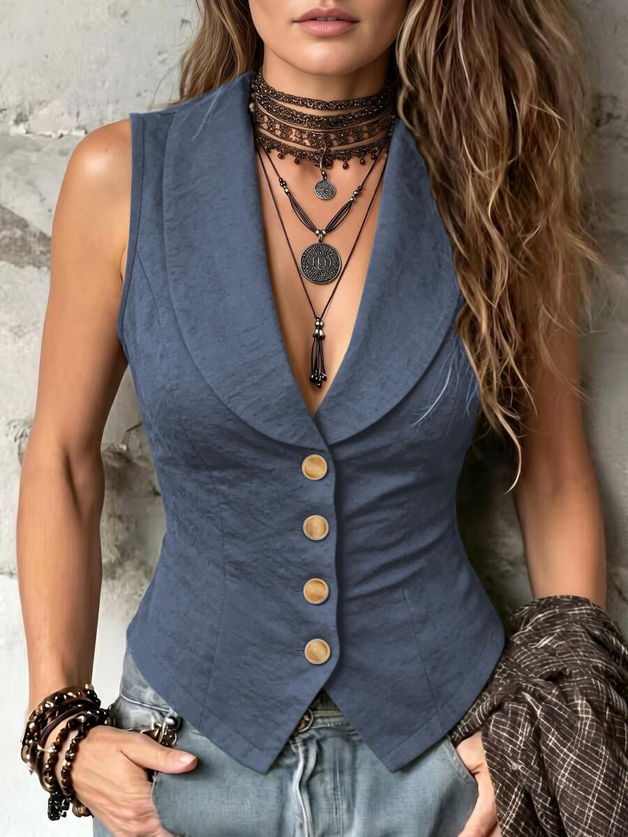 LUMIGAL Women's Sleeveless Cropped Shirt With Collar, Metal Single-Breasted Buttons, Waist-Cinching Slim Fit - Medium Wash - View 1