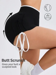 Slayform Slayform 1 buah Celana Pendek Olahraga Wanita Tanpa Jahitan, Elastis Tinggi, Tali Serut Samping, untuk Lari, Kebugaran, Yoga, Studio, Latihan, Lebar 3 Inci - Hitam - View 1