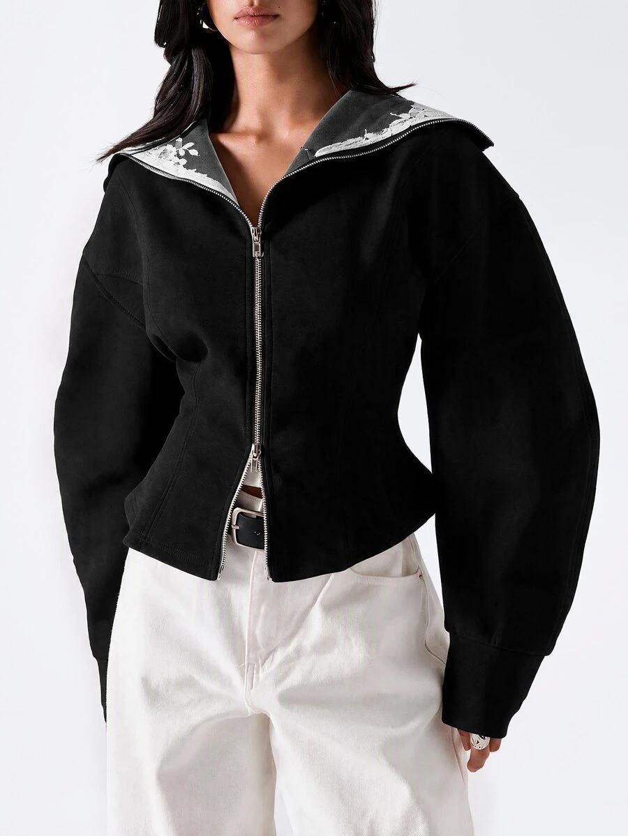 LYSMO Women's Street Fashion Lace Patchwork Zipper Jacket - Black - View 1