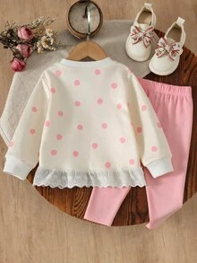 女嬰 2件套甜美可愛波點熊心形仿刺繡印花長袖保暖內裡圓領荷葉邊下擺運動衫與內搭褲，柔軟面料，適合外出，秋冬款 - 彩色 - 查看 2