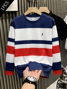 SHEIN 兒童青少年男孩休閒寬鬆百搭條紋圓領長袖T恤上衣，適合學校、日常休閒外出、運動，秋冬款 - 白色 - 查看 5