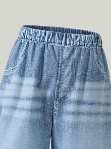 SHEIN Genkimix Kids 2件組 青少年女孩可愛拼接V領長袖T恤與刺繡牛仔褲套裝，秋季 - 棕色 - 查看 4
