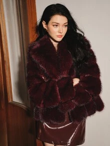 Anewsta 秋冬新款優雅女士人造狐狸毛大衣 時尚毛裏女款毛絨外套 - 酒紅色 - 查看 4