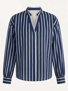 Balvessa Women's Striped V-Neck Long Sleeve Casual Commute Shirt - Blue - View 3