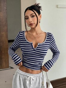 SHEIN EZwear 女款新款休閒棉感海軍藍與灰色條紋半排扣長下擺T恤，秋冬款 - 藏蓝色 - 查看 4