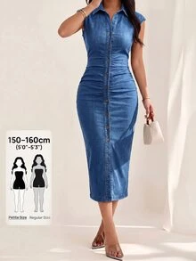 SHEIN PETITE 女款百褶休閒日常穿著夏季牛仔洋裝秋季女裝 - 中等水洗藍 - 查看 4