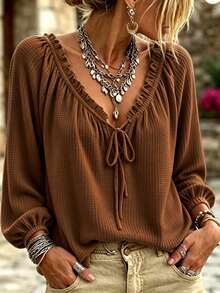 EMERY ROSE Plus Size Lady's Elegant Fall Long-Sleeved T-Shirt - Brown - View 1