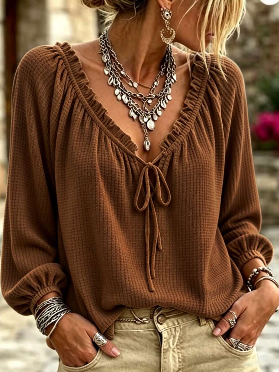 EMERY ROSE Plus Size Lady's Elegant Fall Long-Sleeved T-Shirt - Brown - View 1