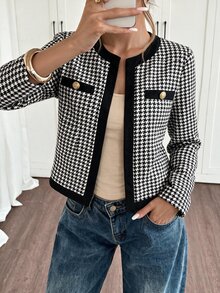Louniche Elegant Casual Button Black & White Houndstooth Women's Jacket - Black and White - View 4