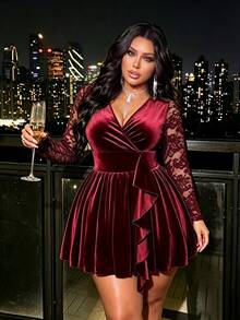 NU&NOW Dark Green Velvet Bodycon Dress For Women, Autumn French Style V-Neck Lace Patchwork Long Sleeve Cinched Waist Flattering Slimming Ruffle Hem Short Dress - Burgundy - View 4