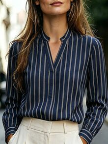 Balvessa Women's Striped V-Neck Long Sleeve Casual Commute Shirt - Blue - View 1