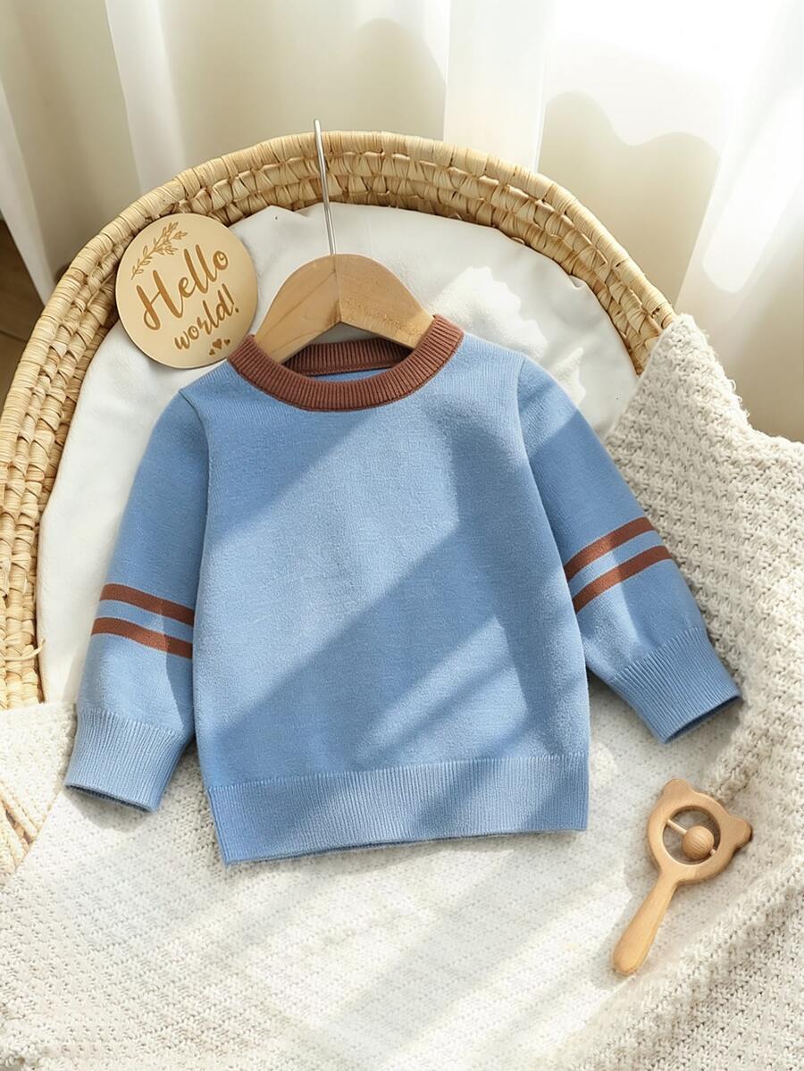 SHEIN Vintaside Kids 嬰兒與幼兒男童圓領長袖拼色針織毛衣,單件上衣 - 淺藍色 - 查看 1