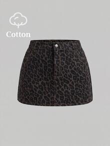 SHEIN MOD Plus Size Women's Leopard Print Pocket Casual Denim Mini Skirt - Multicolor - View 4