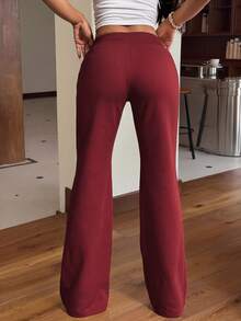 SHEIN EZwear Drawstring Waist Flare Leg Sweatpants - Burgundy - View 2
