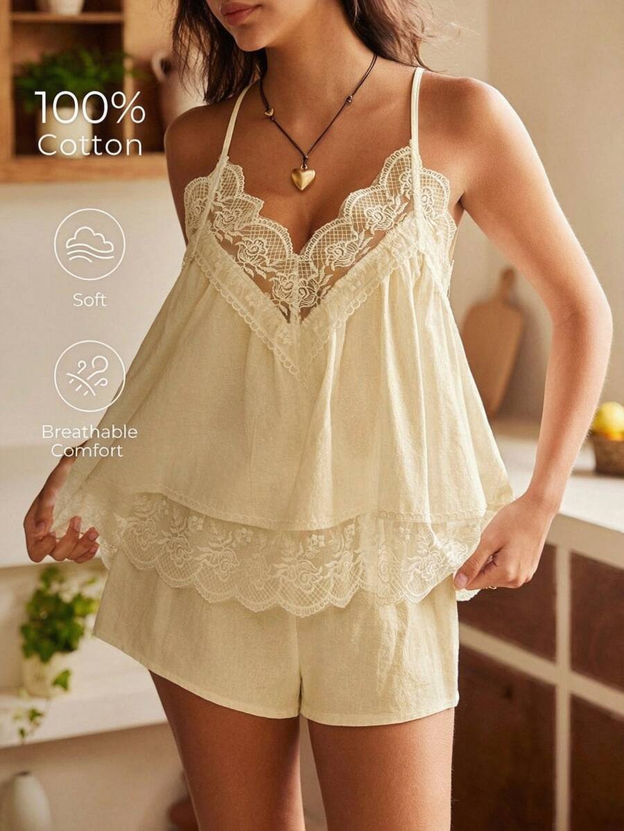 Lullawish 波希米亞純棉細肩帶上衣與短褲女款睡衣套裝 - 卡其色 - 查看 1