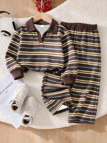 Young Girl 2 Pieces Set Fashion Casual Colorful Striped Print Contrast Color Lapel V-Neck Long Sleeve Sweatshirt And Contrast Striped Print Wide Leg Pants Set, Soft Fabric Suitable For Outings In Autumn/Winter - Multicolor - View 4