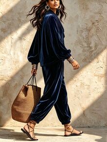 LUMIGAL Loose Cowl Neck Lantern Sleeve Top With Draped Elastic Waist Wide Leg Harem Pants, Relaxed Lazy Two Pieces Set - Black - View 2