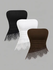 Sweetra New European & American Spring/Summer Fashion 3 Pieces Set Sexy Bandeau Slimming Elegant Lace Daily Commute Casual Date Versatile Women's Solid Color Top - Multicolor - View 1
