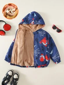 SHEIN 兒童小男孩 1 件冬季卡通印花保暖內裡連帽外套 度假可愛街頭 Y2K 生日派對返校萬聖節上衣 - 彩色 - 查看 3