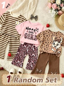 (1 Random Set) Baby Girls Autumn Casual Cute Pink Leopard Print Letter Heart Bow Rabbit Flower Striped Short T-Shirt And Flared Pants - Multicolor - View 3
